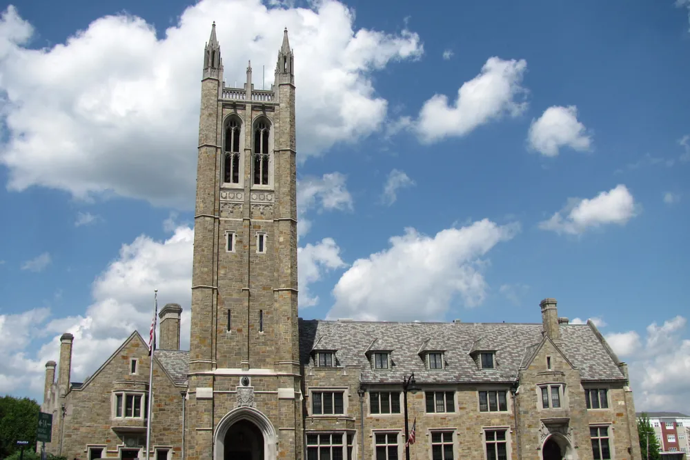 Norwood Memorial Municipal Building, a stone Gothic Revival building with a tall bell tower